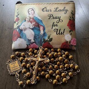 VTG Our Lady of Guadalupe Gold Tone Metal Bead Catholic Rosary with Pouch